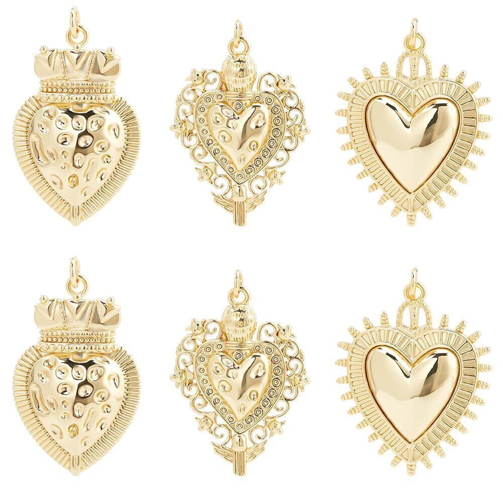 2329 1 Box 6Pcs Sacred Heart Charms Real 18K Gold Plated Brass Gothic